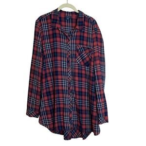 J Jill Denim Womens Button Up Blouse L Red Blue Plaid Back Swing Hem Cotton